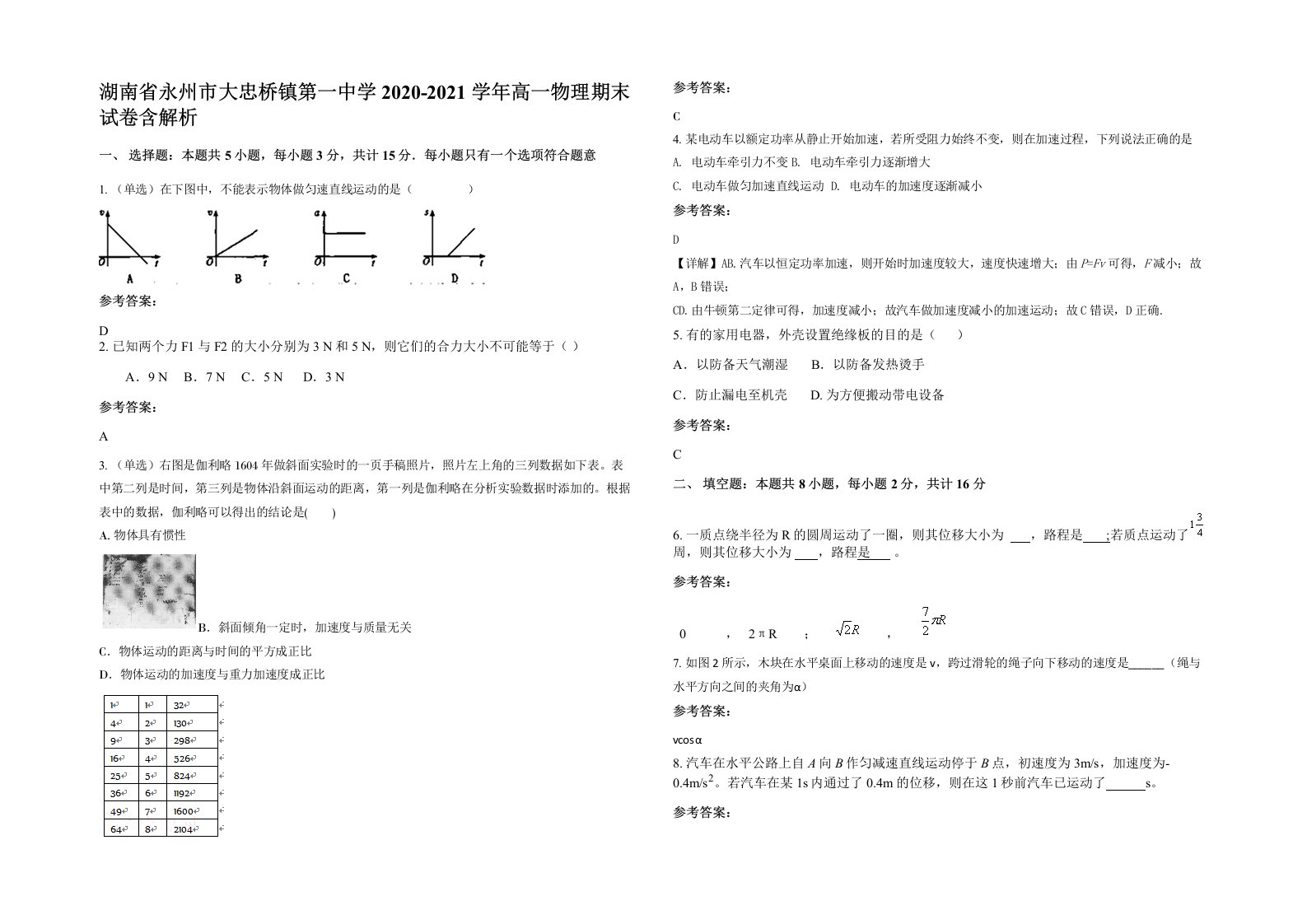 湖南省永州市大忠桥镇第一中学2020-2021学年高一物理期末试卷含解析