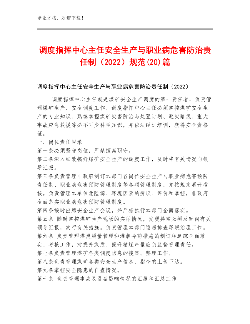 调度指挥中心主任安全生产与职业病危害防治责任制（2022）规范(20)篇