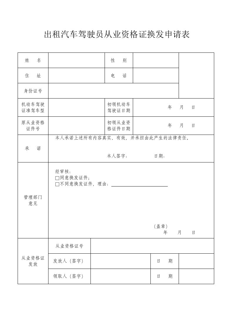 出租汽车驾驶员从业资格证换发申请表