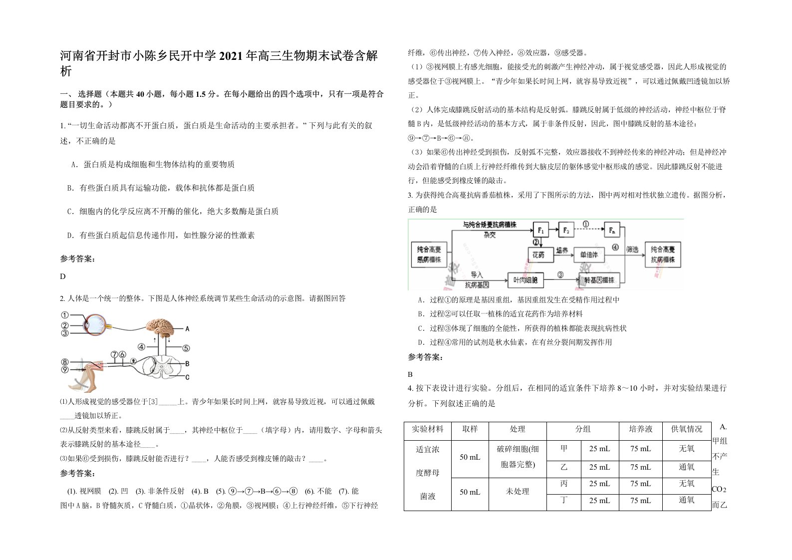 河南省开封市小陈乡民开中学2021年高三生物期末试卷含解析