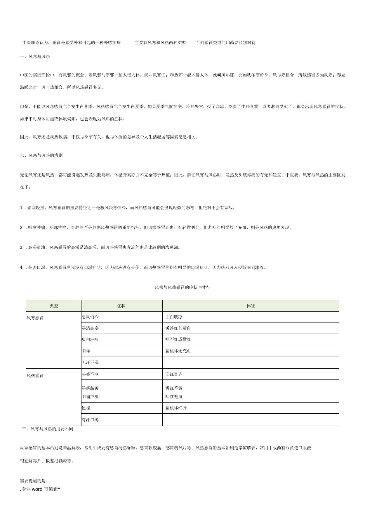 风寒、风热感冒的辩证与用药