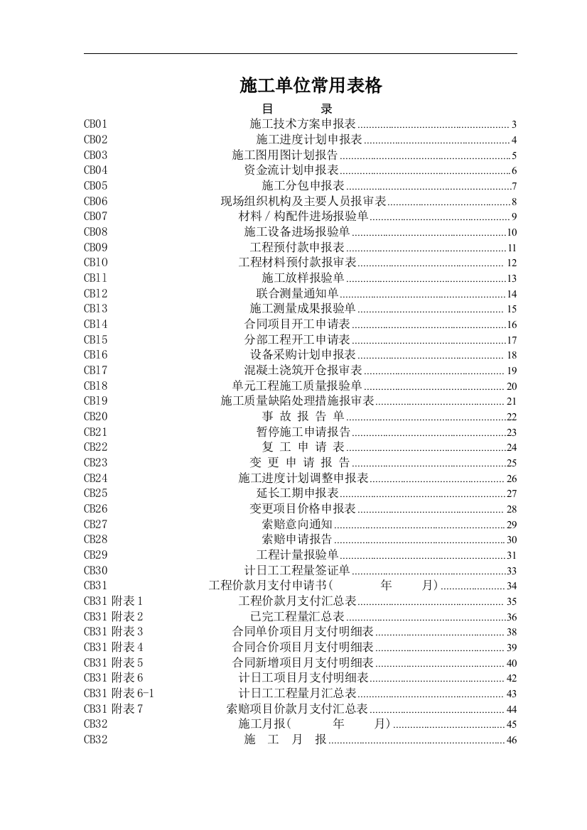 施工单位常用表格(DOC58页)