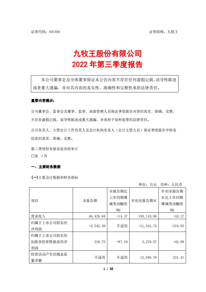 上交所-九牧王2022年第三季度报告-20221026