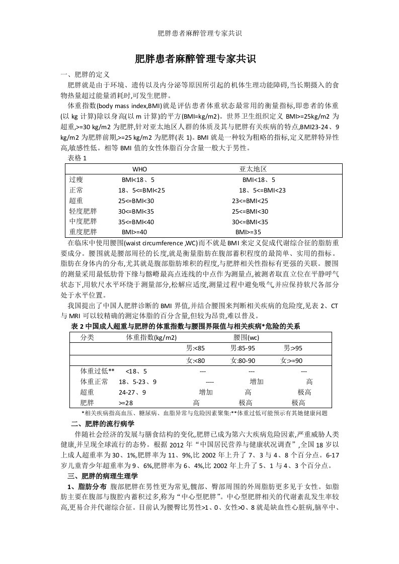 肥胖患者麻醉管理专家共识