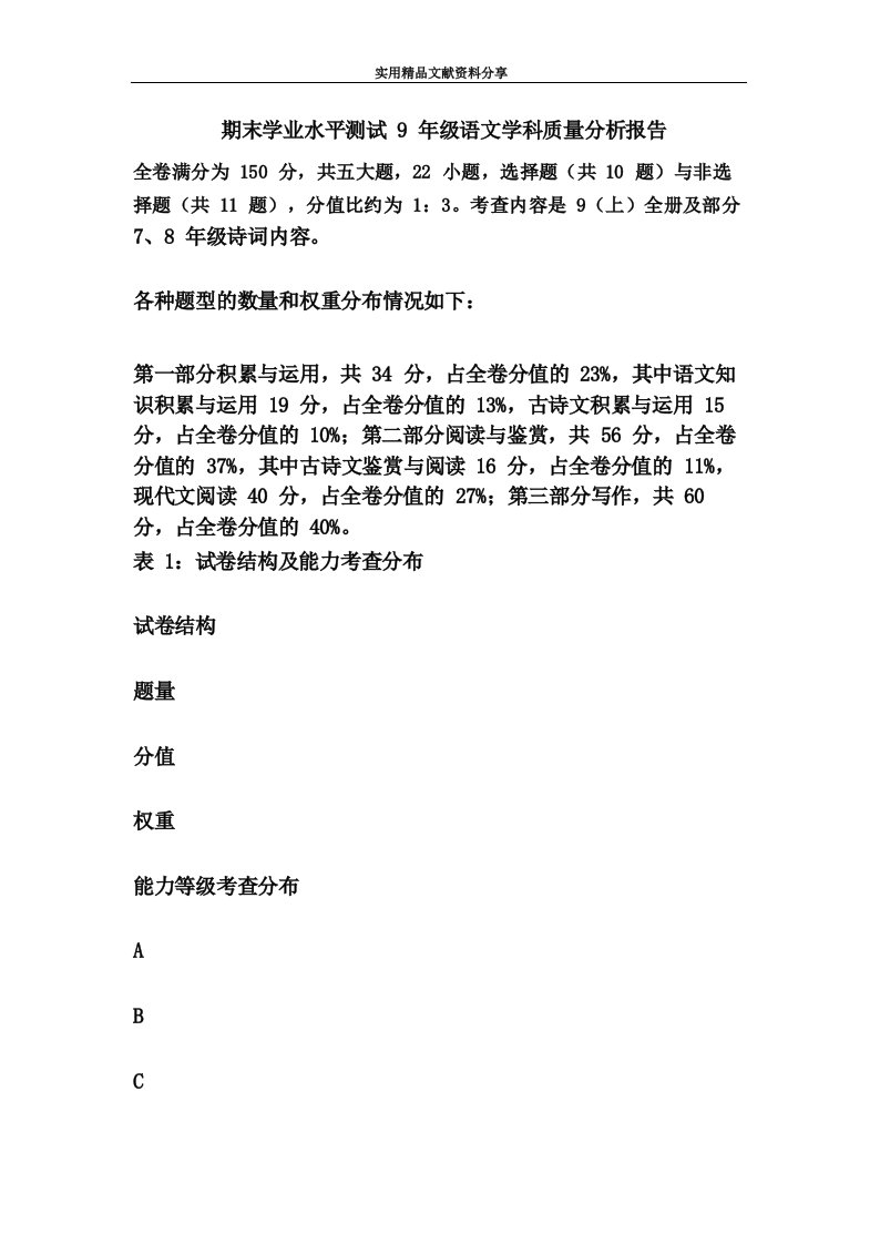 期末学业水平测试9年级语文学科质量分析报告