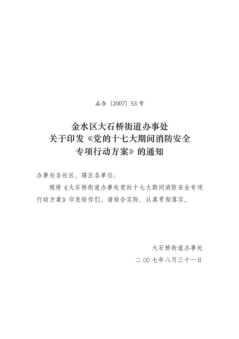 关于印发党十七大期间消防安全专项行动方案通知