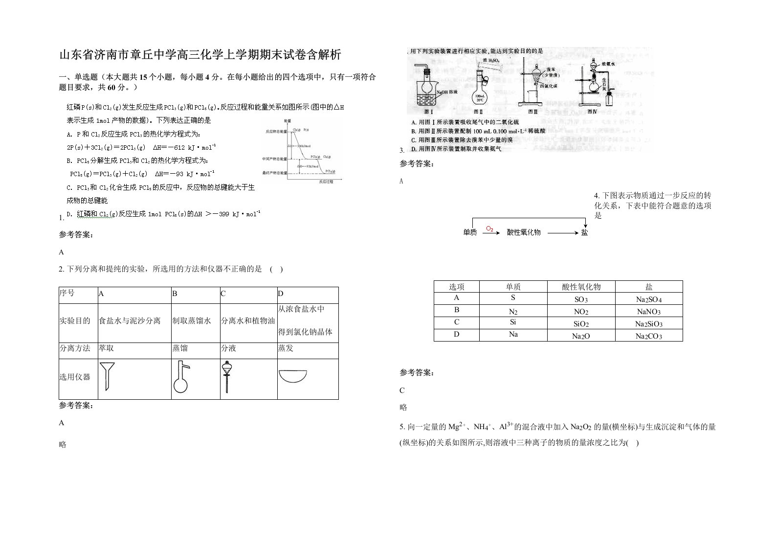 山东省济南市章丘中学高三化学上学期期末试卷含解析