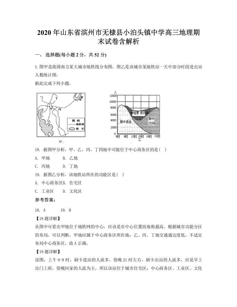 2020年山东省滨州市无棣县小泊头镇中学高三地理期末试卷含解析