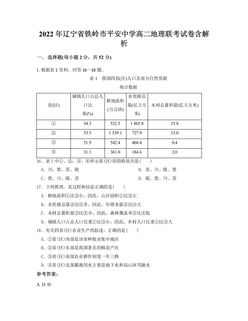 2022年辽宁省铁岭市平安中学高二地理联考试卷含解析