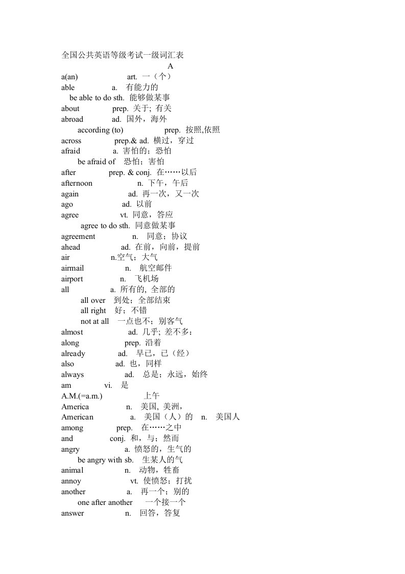 全国英语等级考试一级词汇表