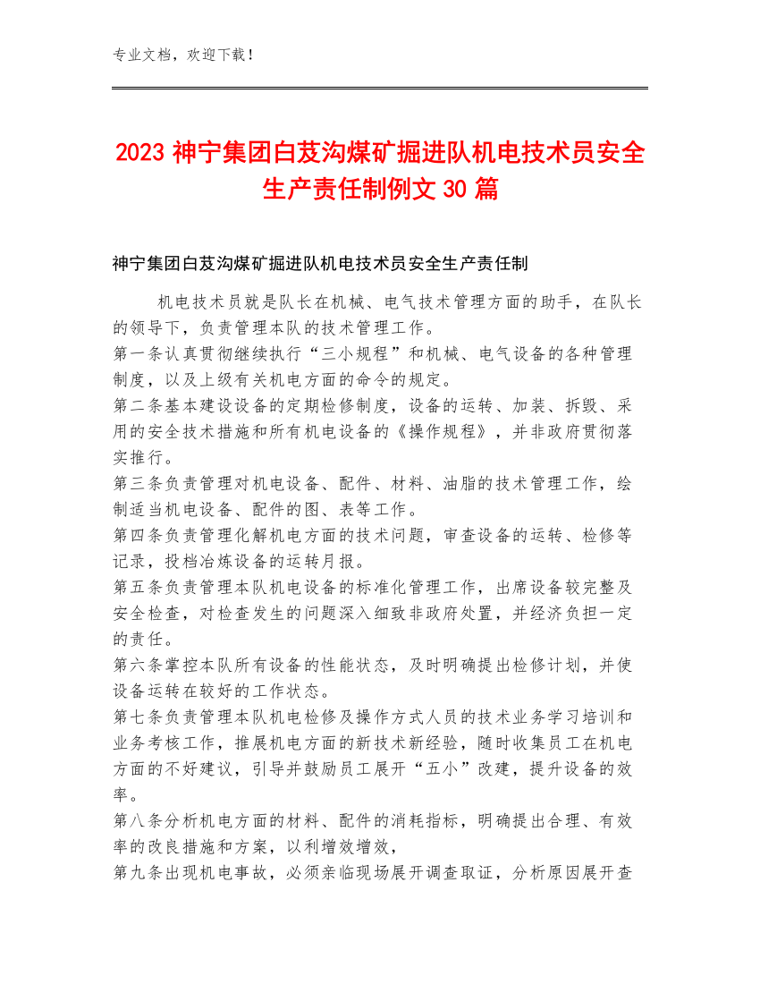 2023神宁集团白芨沟煤矿掘进队机电技术员安全生产责任制例文30篇