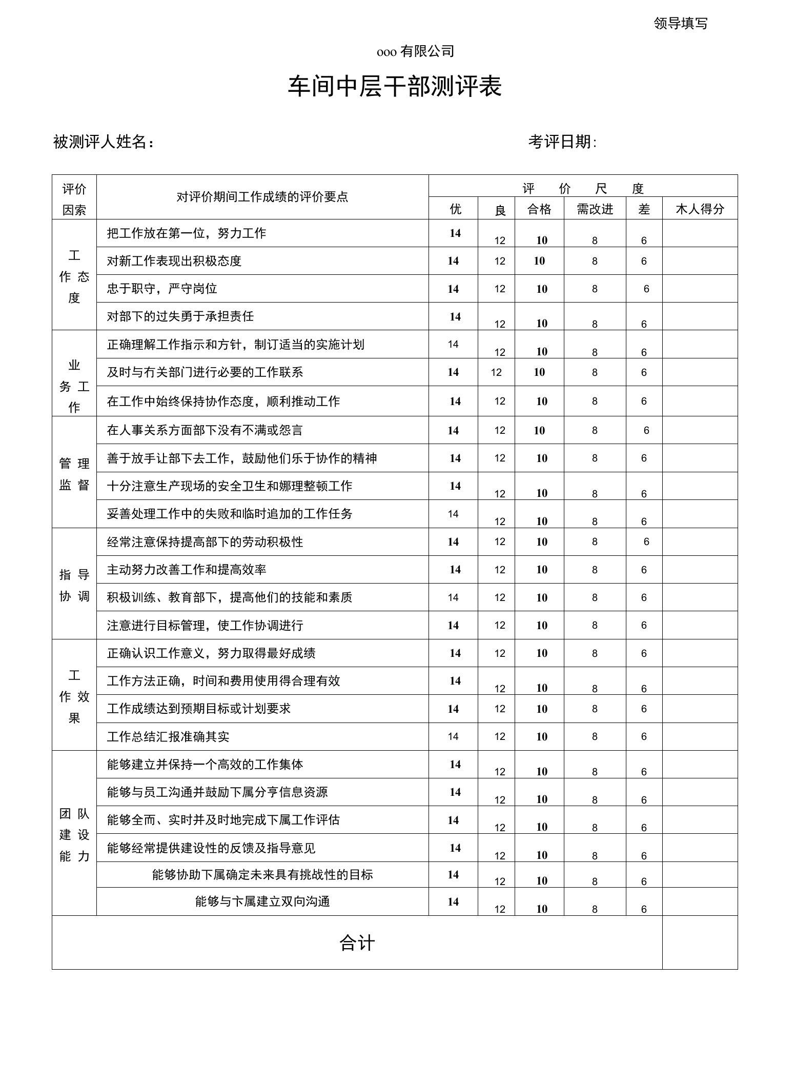 公司中层干部360度测评表