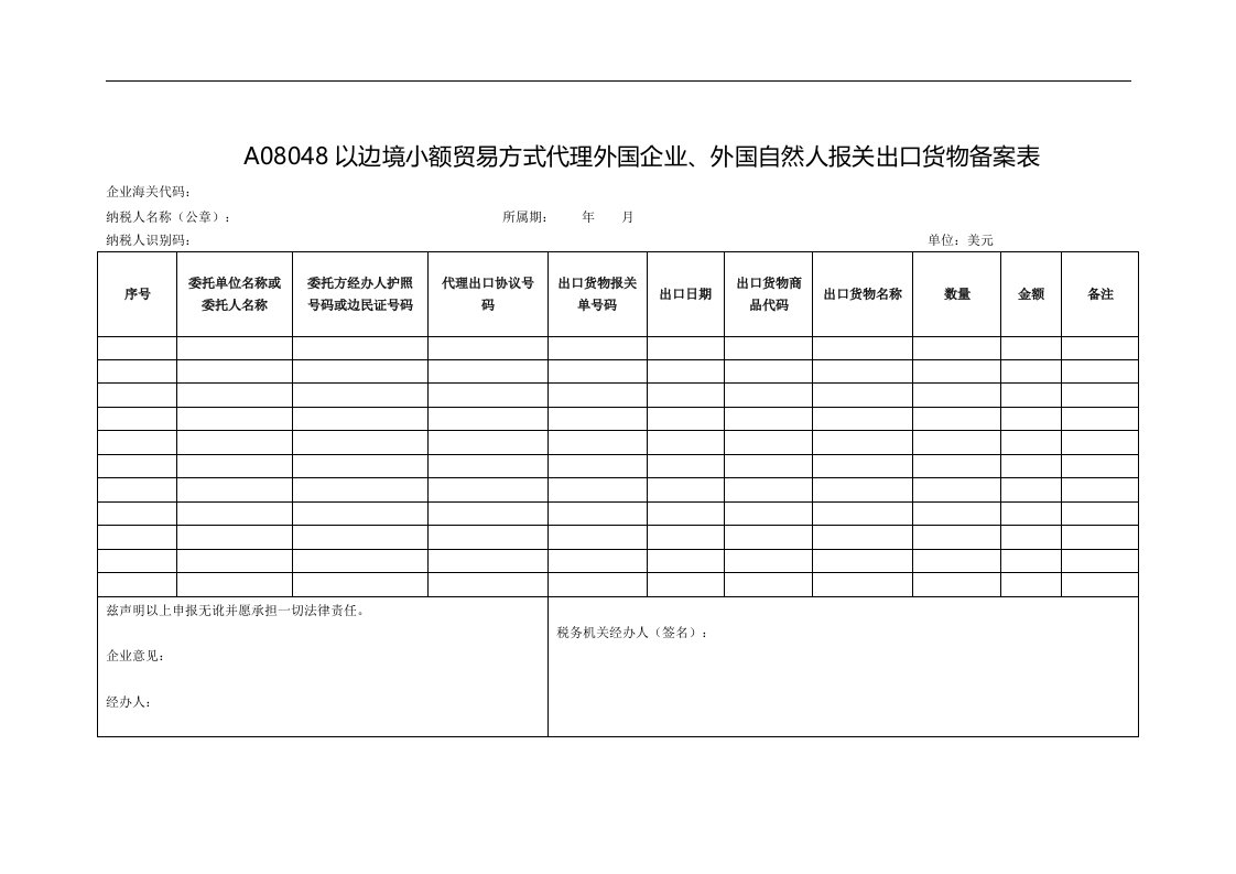 A08048以边境小额贸易方式代理外国企业、外国自然人报关