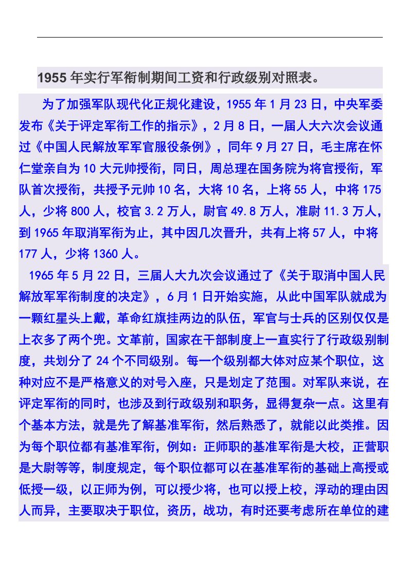 1955年实行军衔制期间工资和行政级别对照表