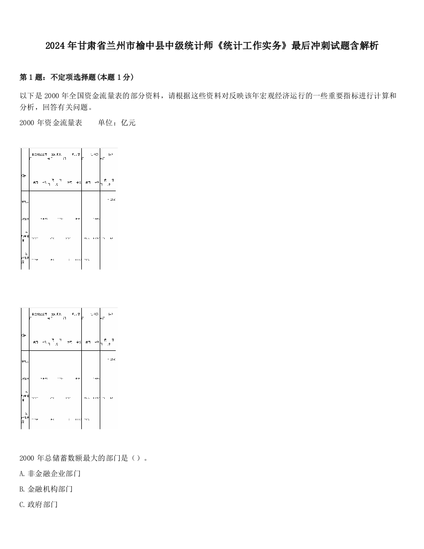 2024年甘肃省兰州市榆中县中级统计师《统计工作实务》最后冲刺试题含解析