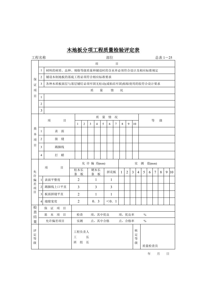 木地板分项工程质量检验评定表