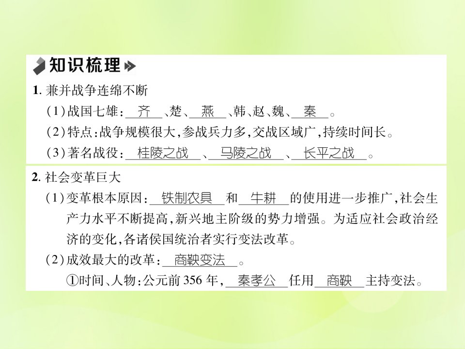 秋七年级历史上册课时知识梳理第2单元早期国家与社会变革第7课战国时期的社会变化课件新人教版