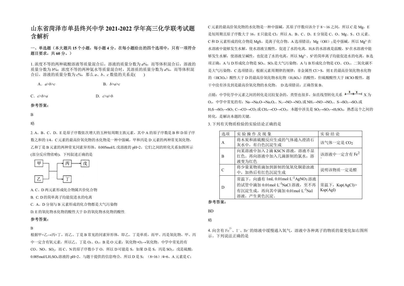 山东省菏泽市单县终兴中学2021-2022学年高三化学联考试题含解析