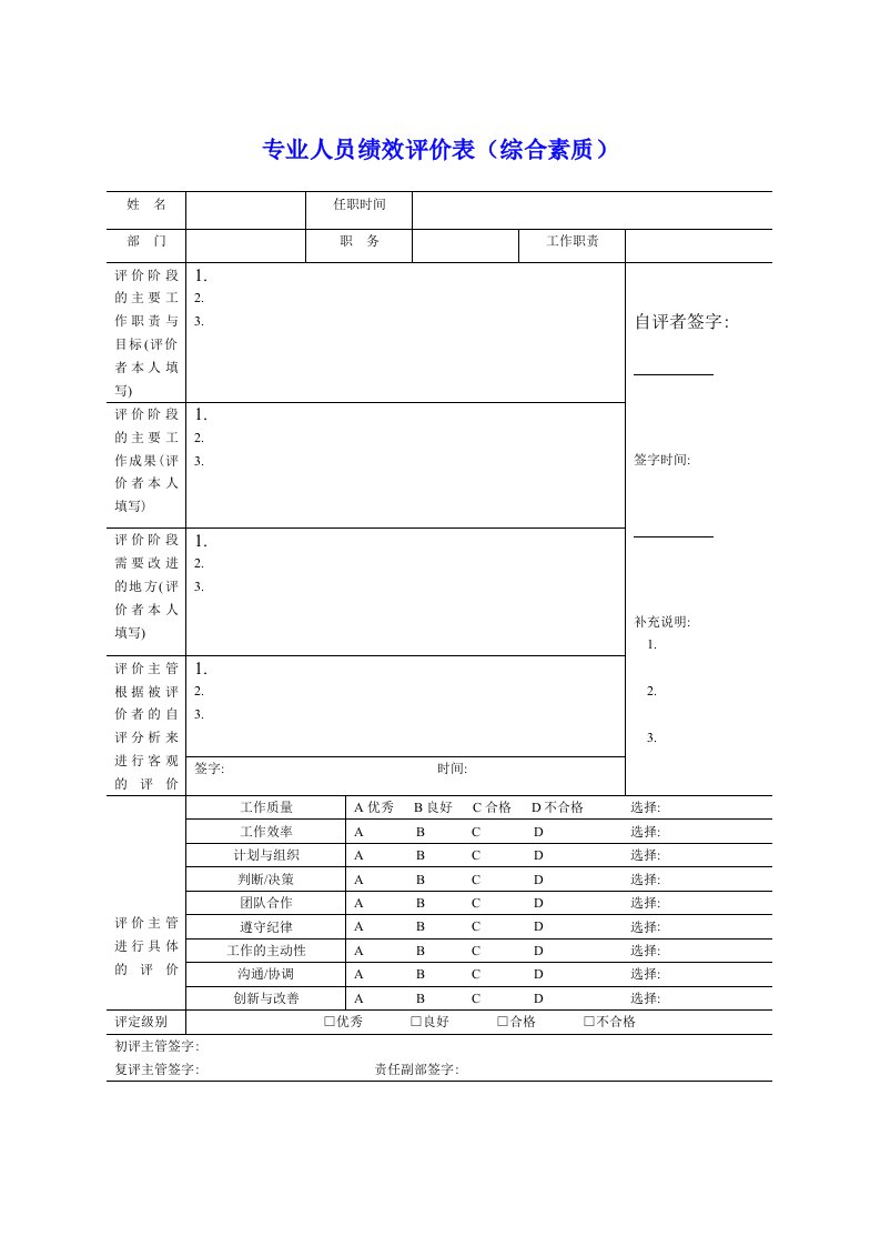 绩效管理表格-专业人员绩效评价表综合素质