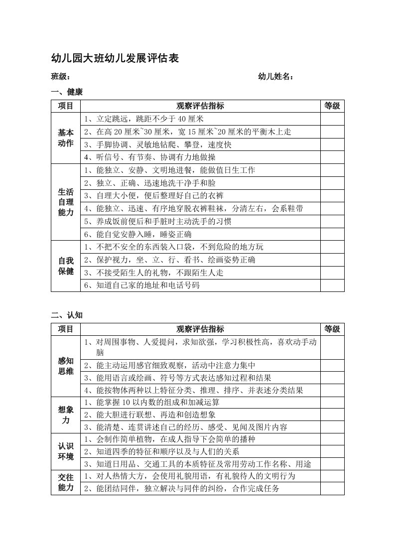 五大领域测评表