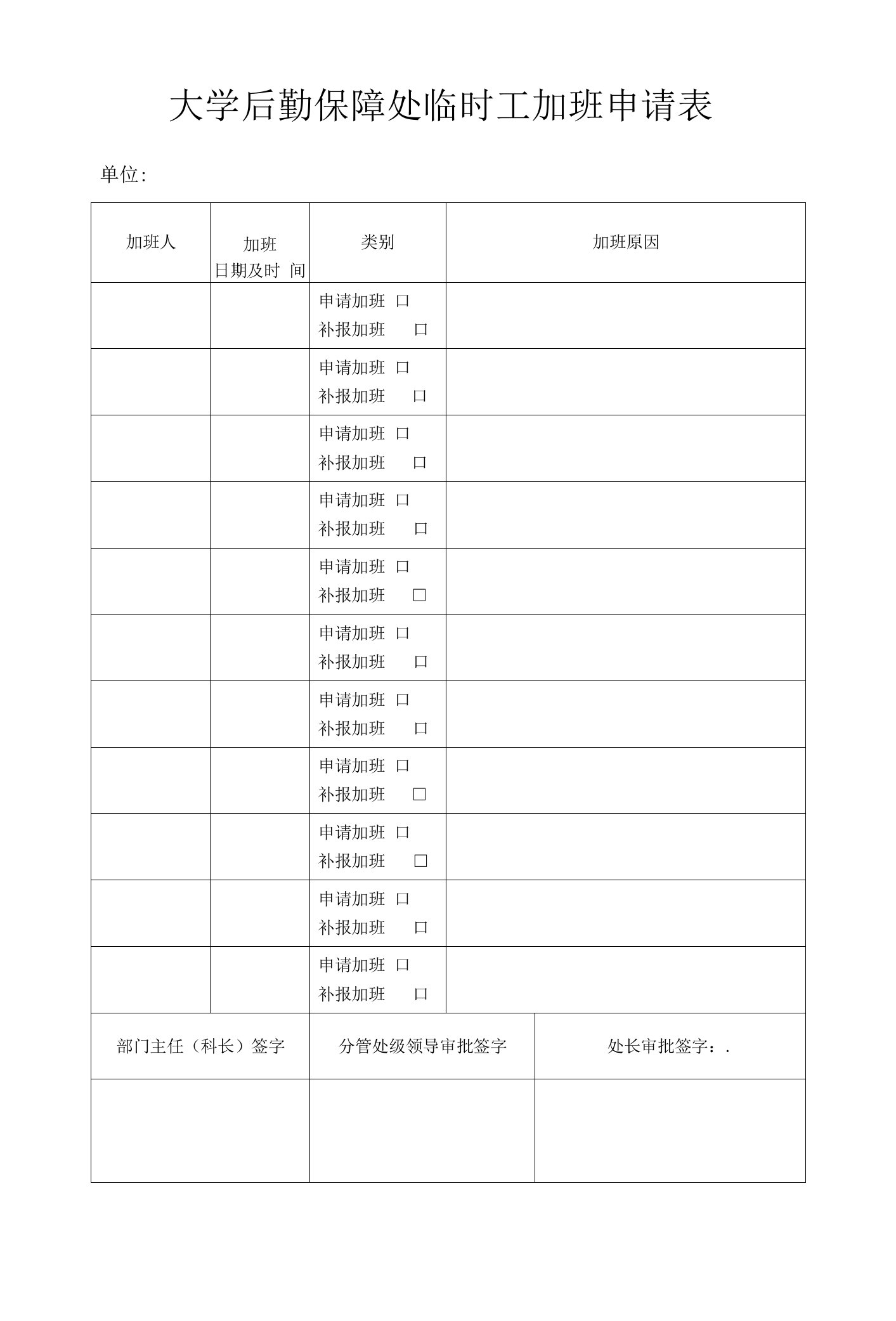 大学后勤保障处临时工加班申请表