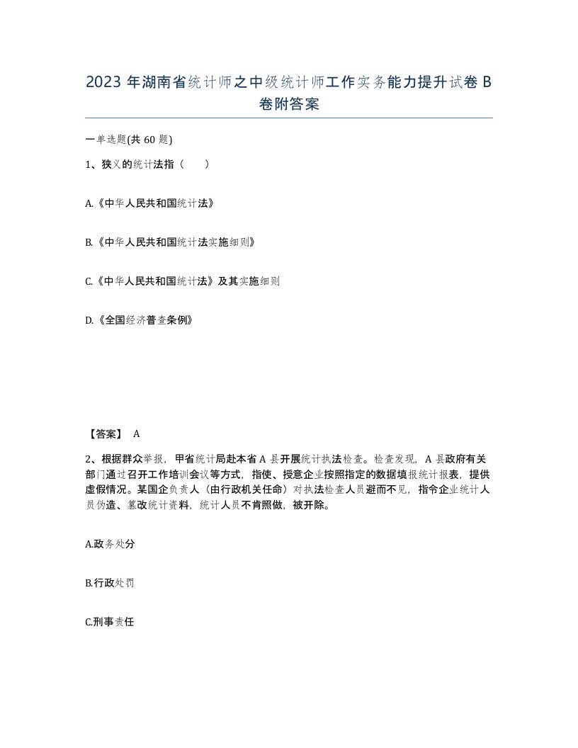 2023年湖南省统计师之中级统计师工作实务能力提升试卷B卷附答案