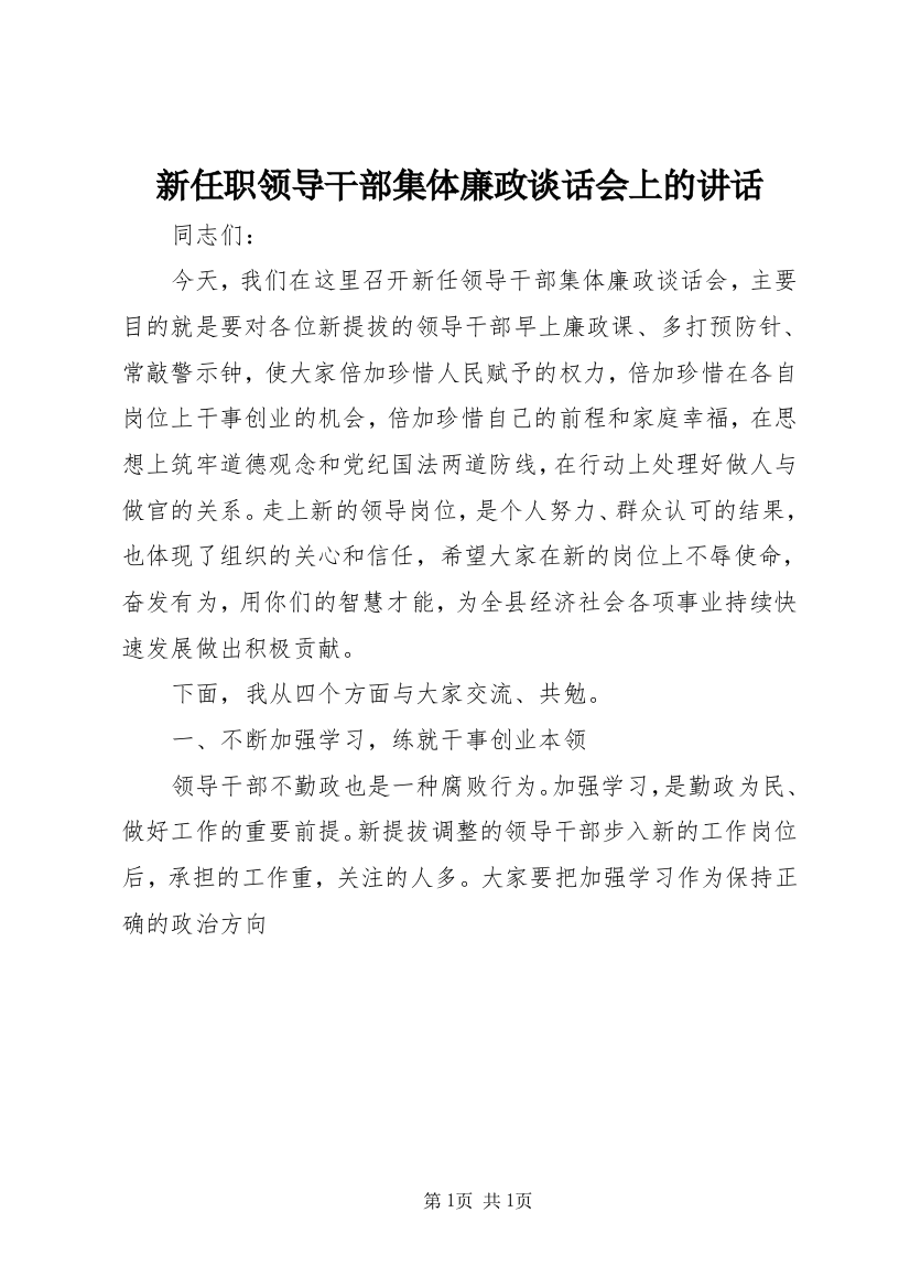 新任职领导干部集体廉政谈话会上的讲话