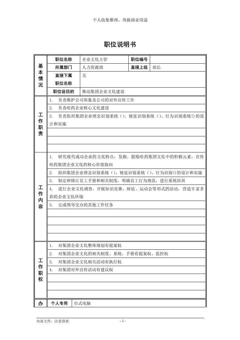 哈药集团人力资源部职位说明书(7个)0