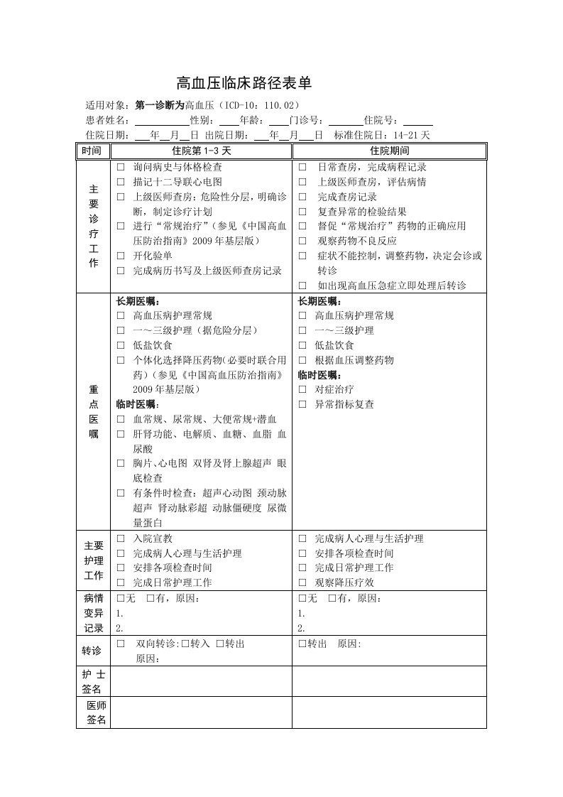 高血压临床路径表单