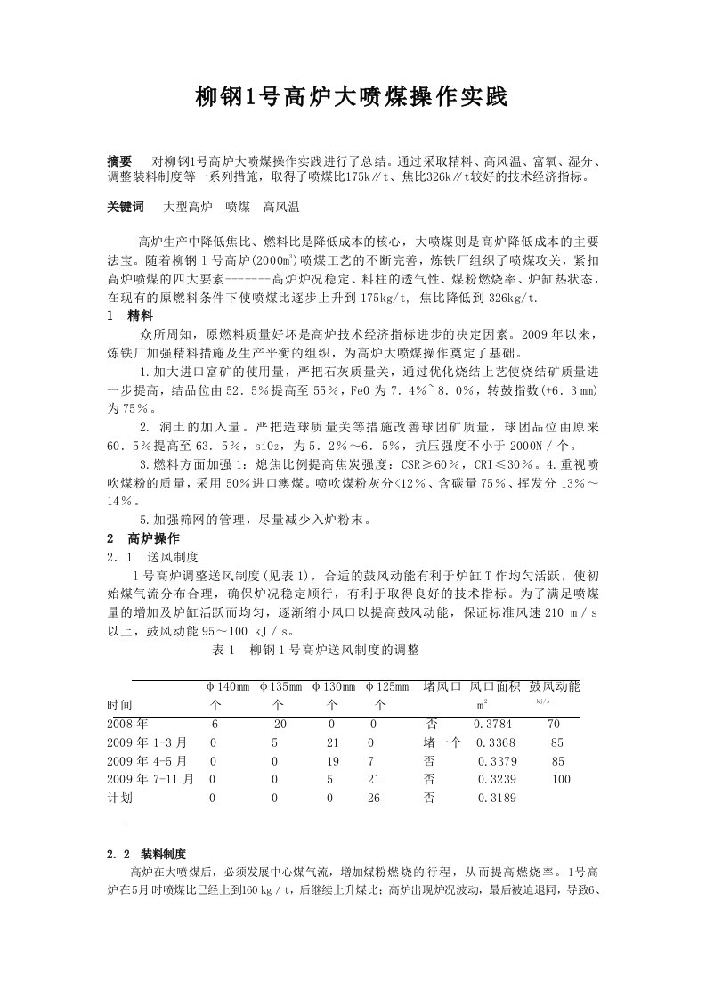 柳钢1号高炉大喷煤操作实践