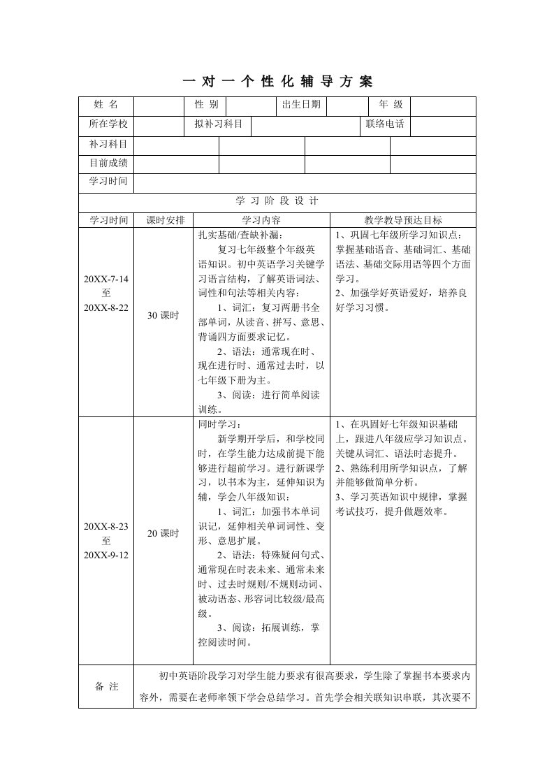 2021年一对一个性化辅导专题方案