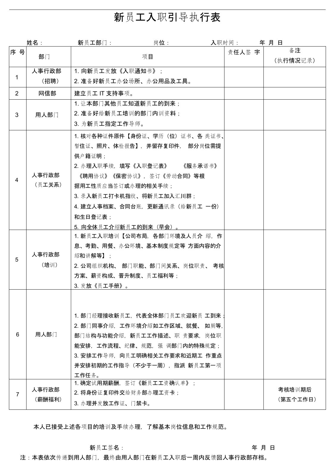 新员工入职引导执行表