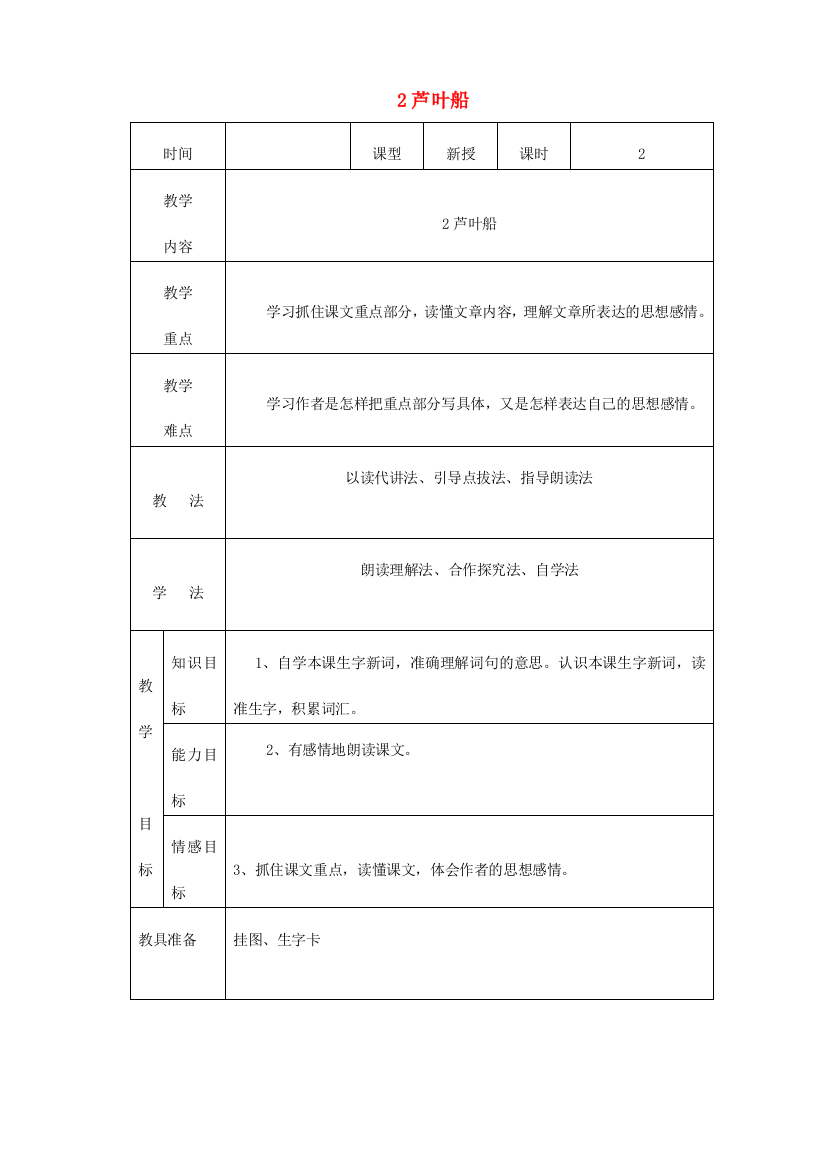 四年级语文上册第一单元2芦叶船教案2语文S版2019081229