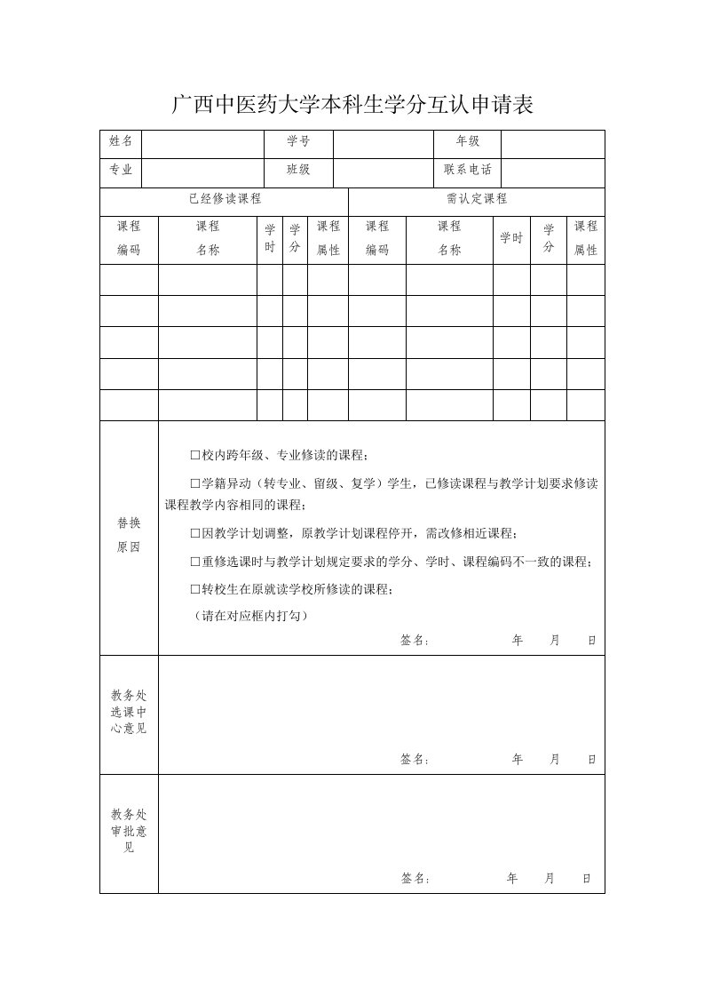 广西中医药大学本科生学分互认申请表