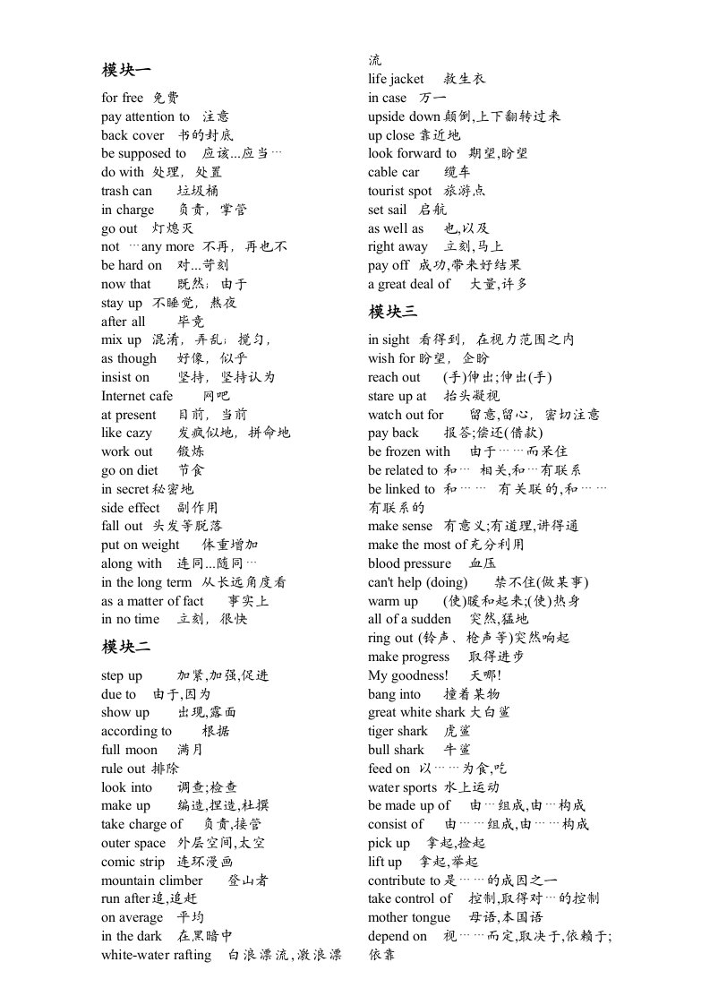 牛津高中英语模块一至模块十一短语