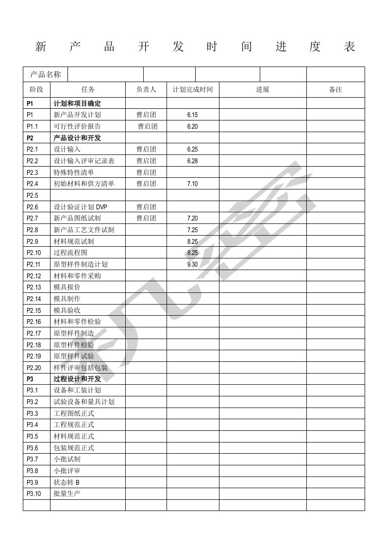 新产品开发时间进度表