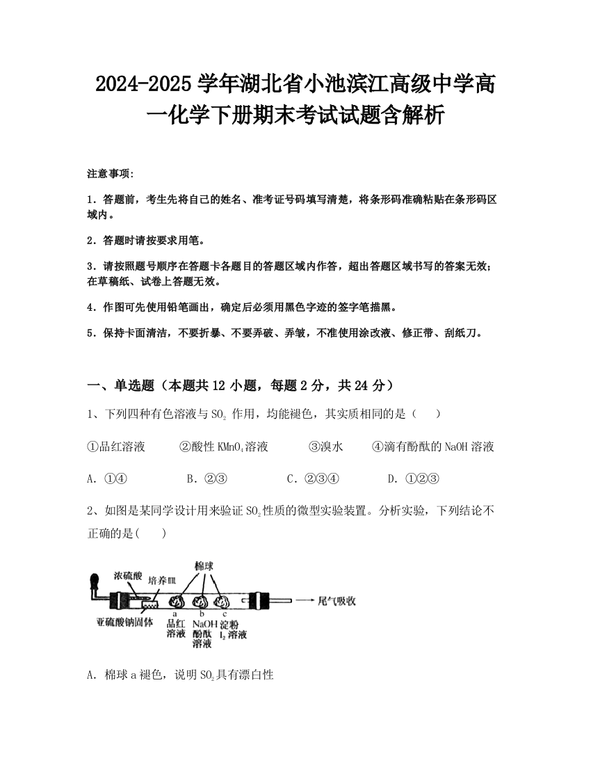 2024-2025学年湖北省小池滨江高级中学高一化学下册期末考试试题含解析