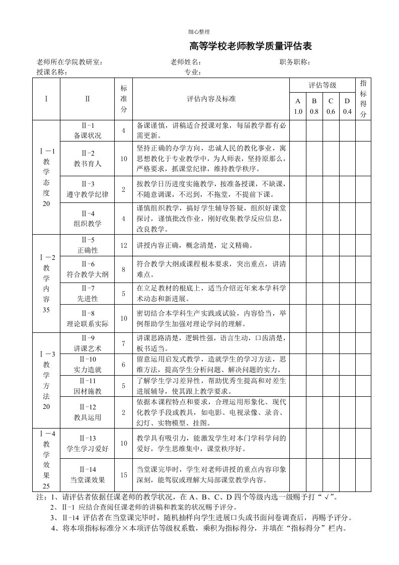 高等学校教师教学质量评估表