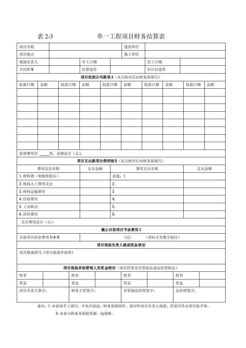 工程项目财务结算表单