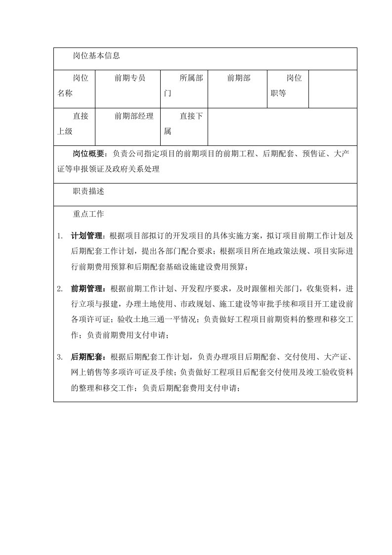 公司管理制度-32-前期专员岗位职责