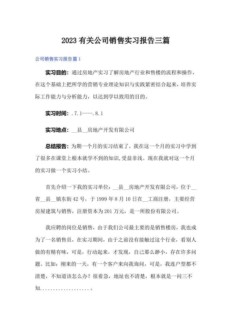 2023有关公司销售实习报告三篇