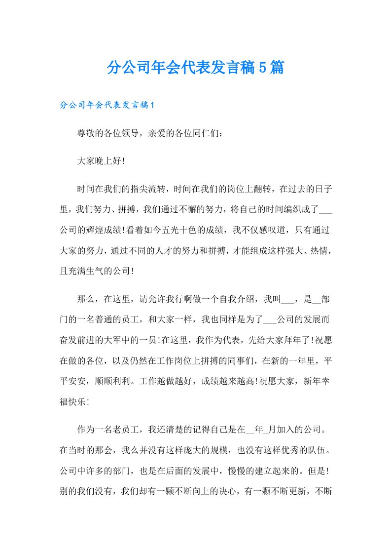 分公司年会代表发言稿5篇