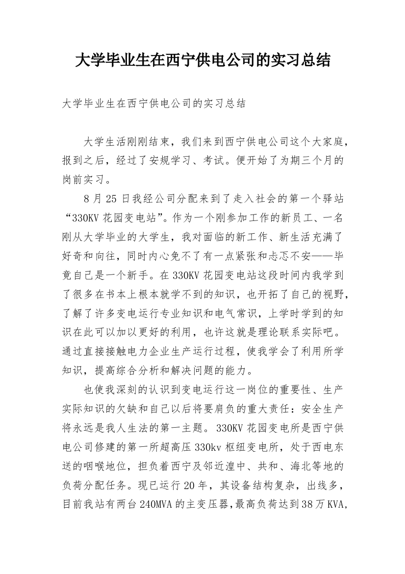 大学毕业生在西宁供电公司的实习总结