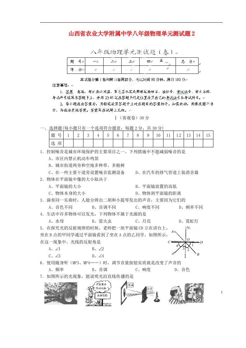 山西省农业大学附属中学八级物理单元测试题2