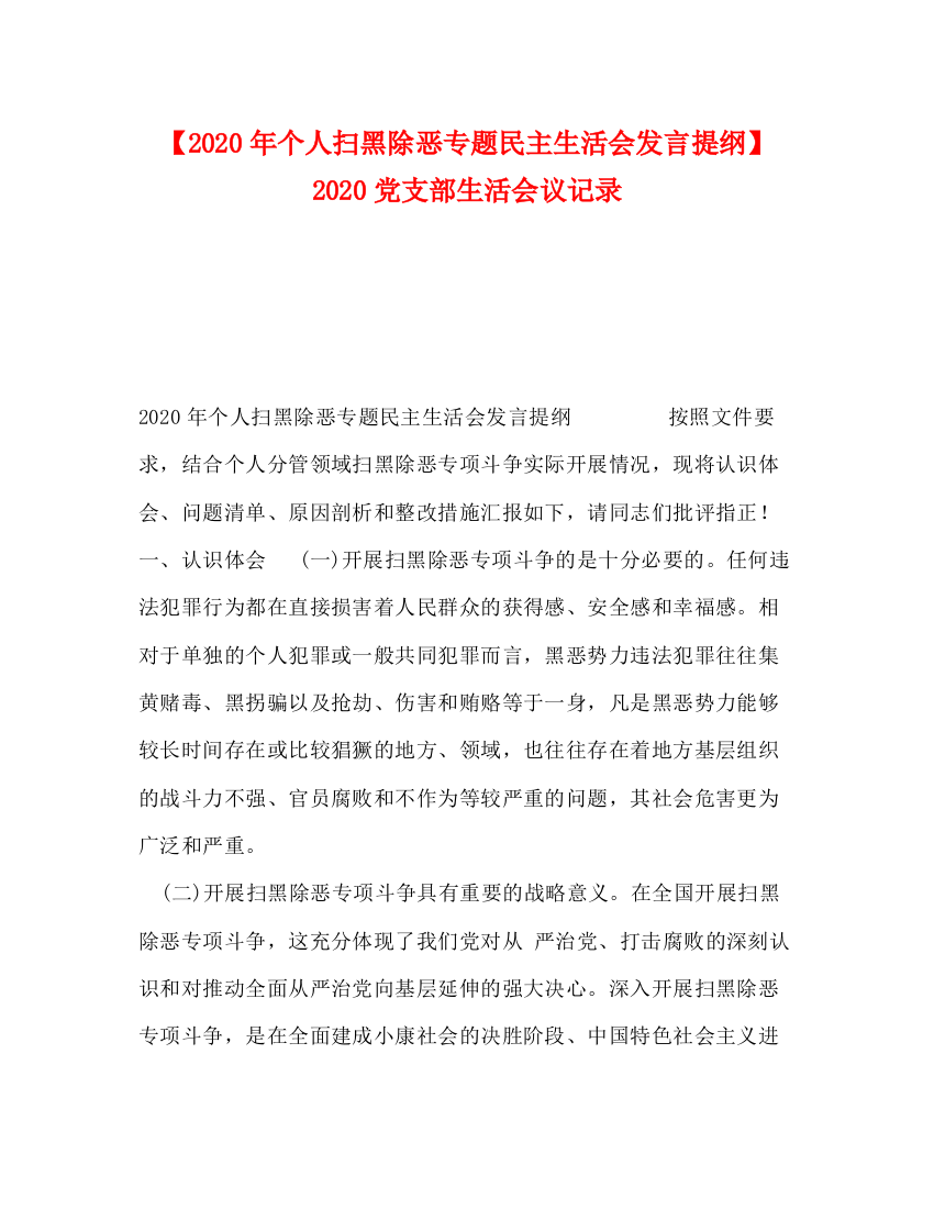 精编之【年个人扫黑除恶专题民主生活会发言提纲】党支部生活会议记录