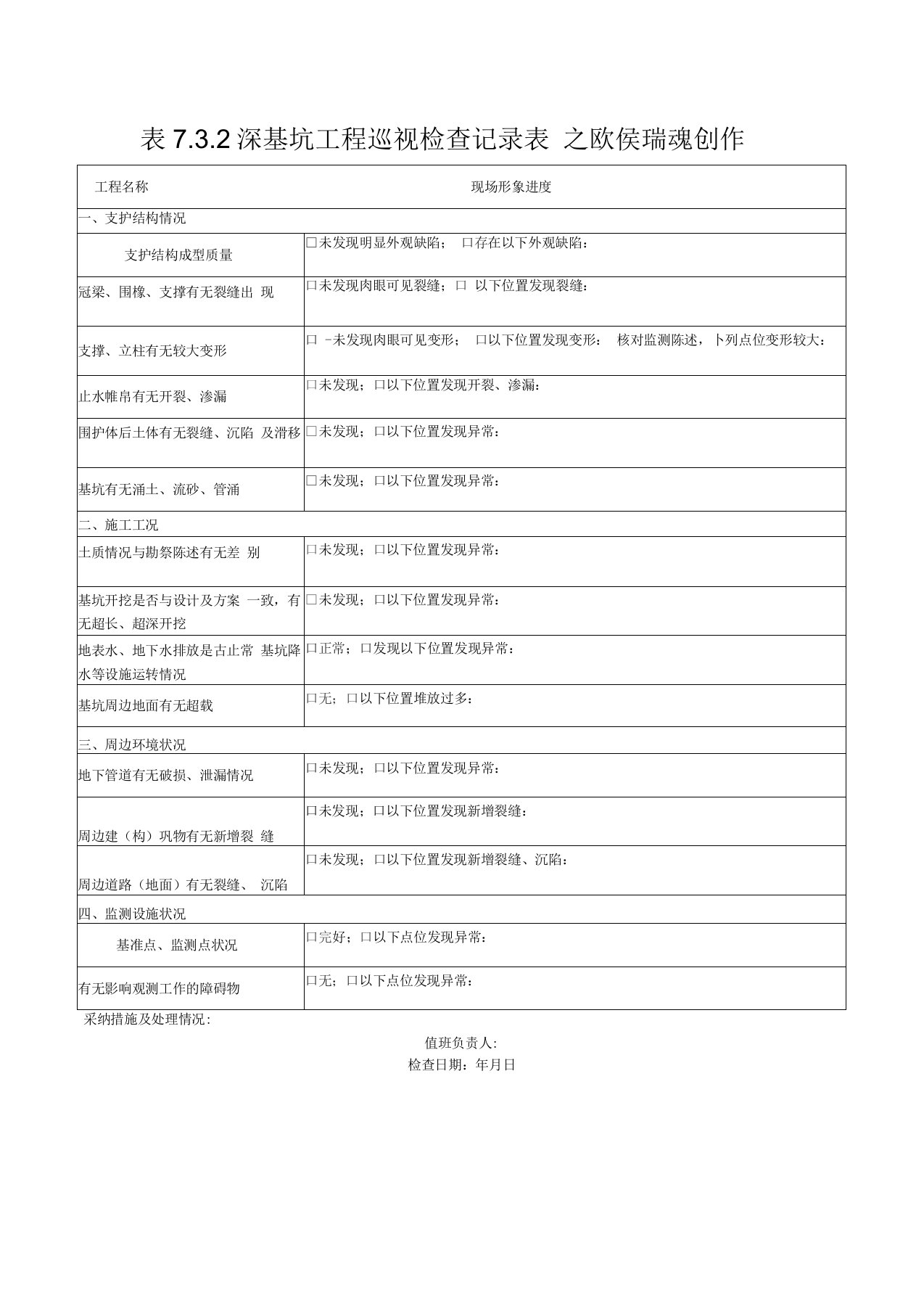 深基坑工程日常巡视检查记录表