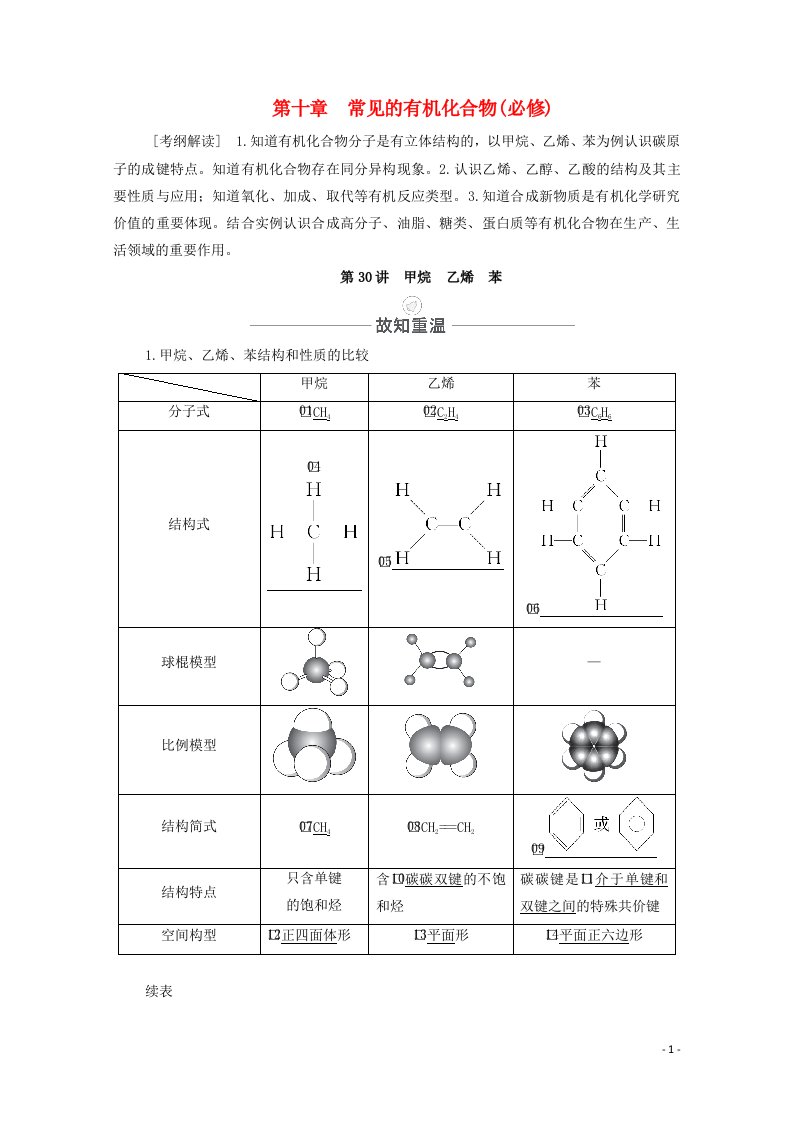 2021届高考化学一轮复习第10章常见的有机化合物第30讲甲烷乙烯苯教学案新人教版