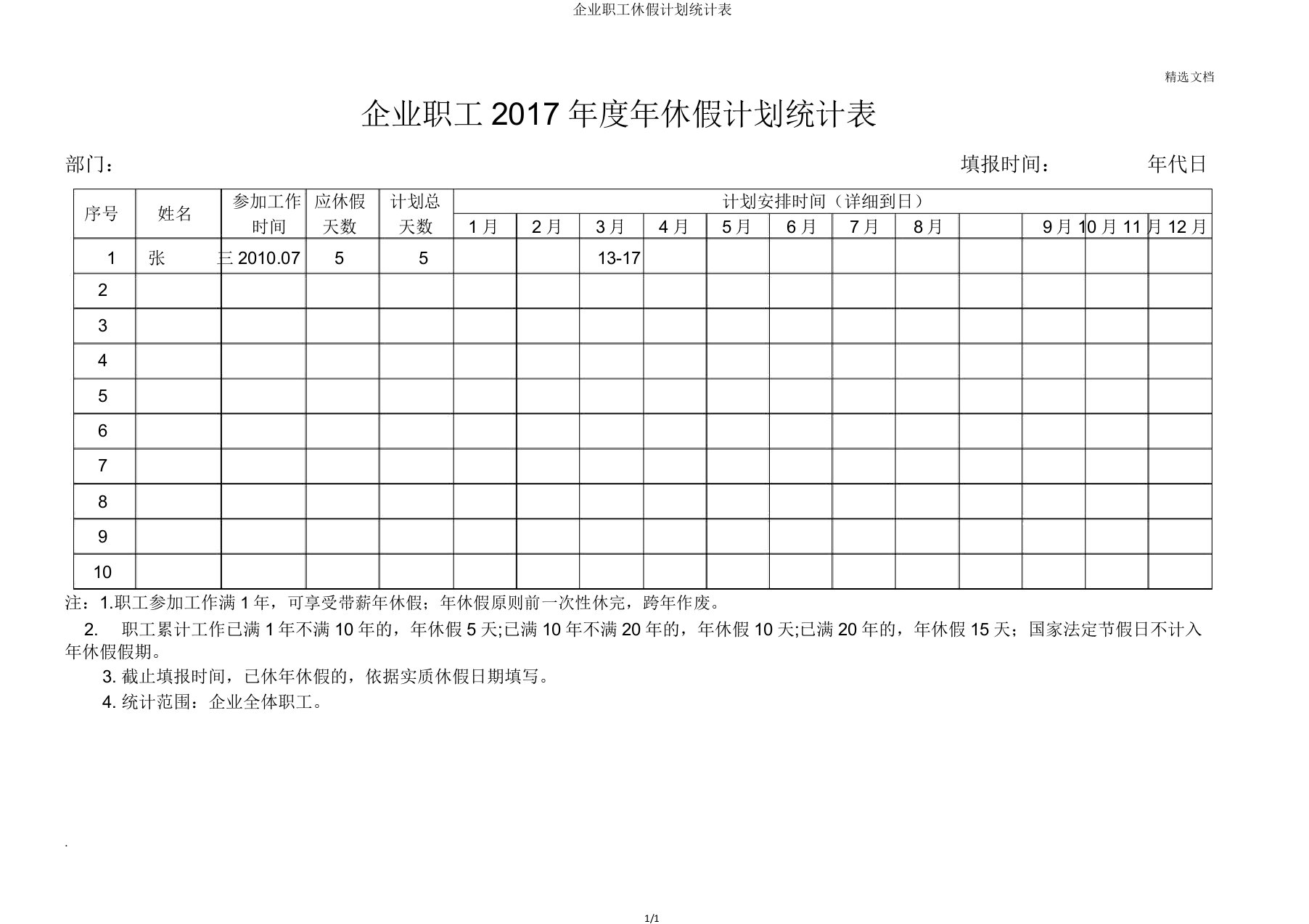 公司员工休假计划统计表