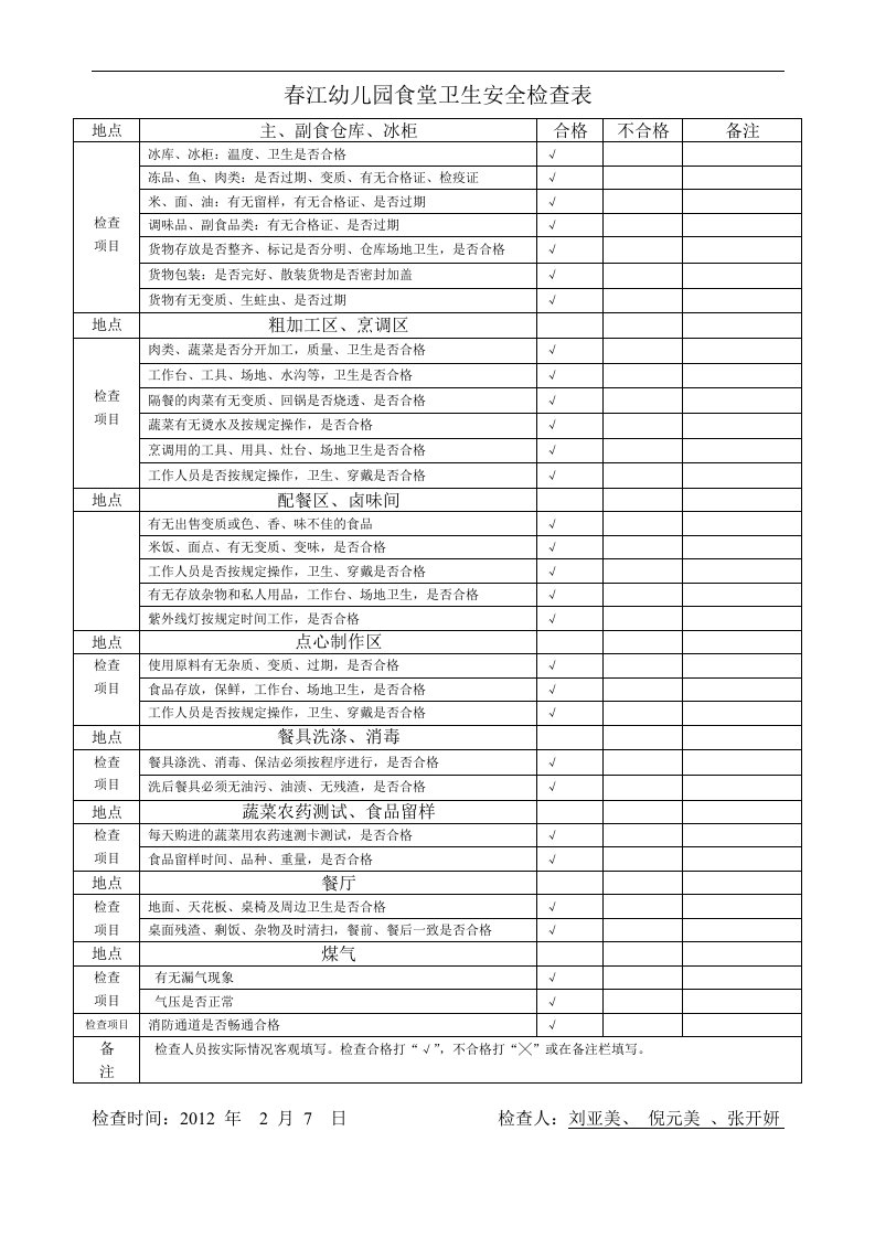 春江幼儿园食堂卫生安全检查表