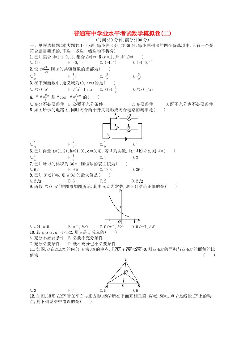 普通高中学业水平考试高考数学模拟卷2